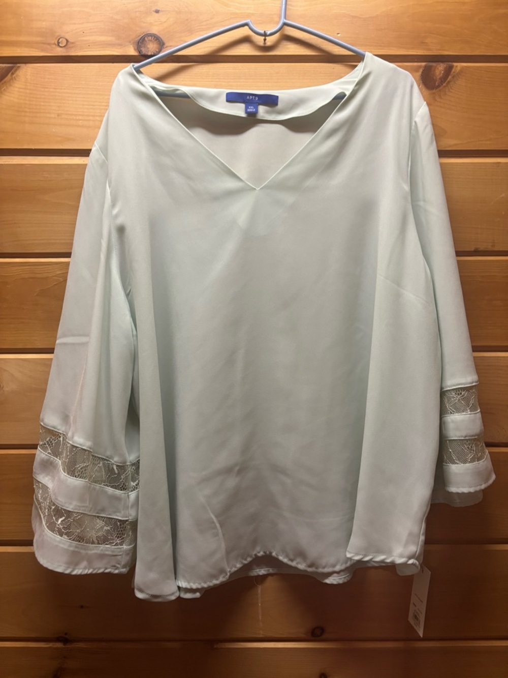 Kohl's Women's Pale Mint V-Neck Blouse with Lace Bell Sleeves